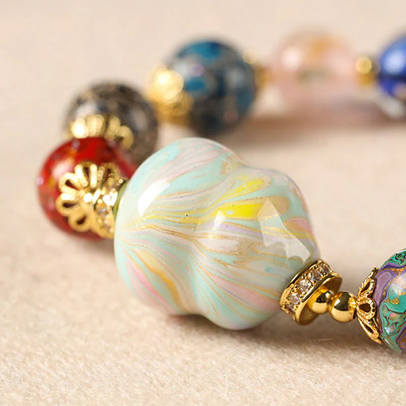 Buddha Stones Colorful Liuli Glass Sandalwood Gourd Bead Lacquer Craft Bracelet