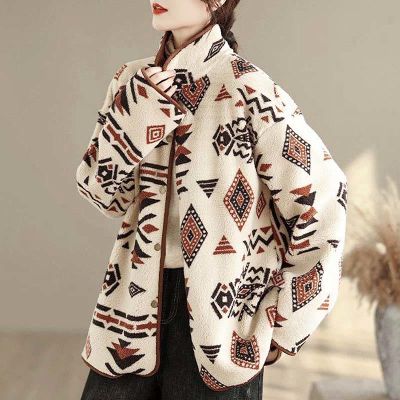 Buddha Stones Fall Winter Buttons Geometric Patterns Long Sleeve Cotton Women's Jacket
