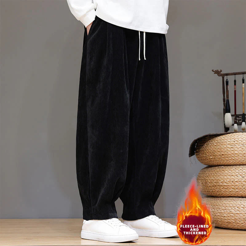 Buddha Stones Winter Pure Color Cotton Men's Harem Thickened Fleece-lined Pants With Pockets