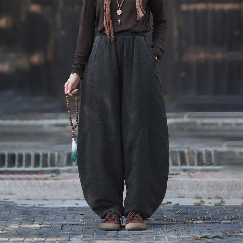 Buddha Stones Winter Elastic Waist Ramie Cotton Thermal Women's Pants With Pockets