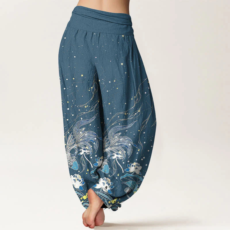 Buddha Stones Cotton Starry Sky Koi Fish Lotus Waves Pattern Women's Elastic Waist Harem Pants