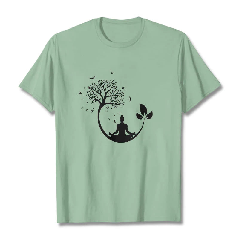 Buddha Stones Buddha Meditating In A Tree Pattern Cotton Tee T-shirt