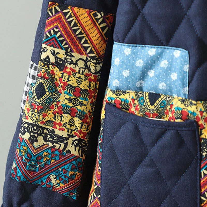 Buddha Stones Ethnic Frog-button Patchwork Women's Thickened Cotton Long Sleeve Jacket With Pockets