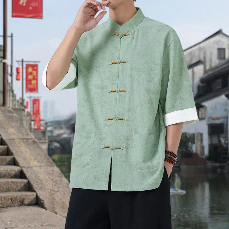 Buddha Stones Summer Crane Pine Tree Pattern Tang Suit Men's Frog-Button Half Sleeve Cotton Shirt With Pockets
