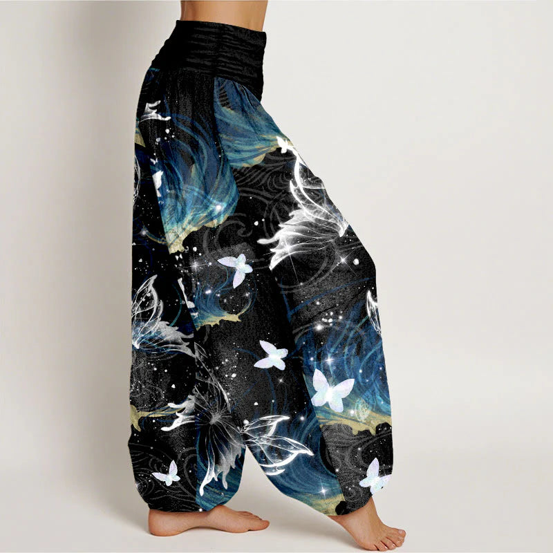 Buddha Stones Pure Cotton Dreamlike Butterfly Line Pattern Women's Elastic Waist Harem Pants