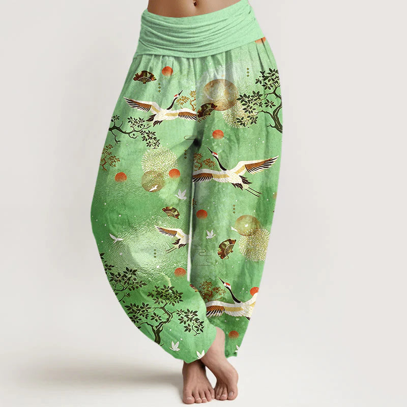 Buddha Stones Cotton Traditional Crane Pine Tree Bird Fan Sun Pattern Women's Elastic Waist Harem Pants