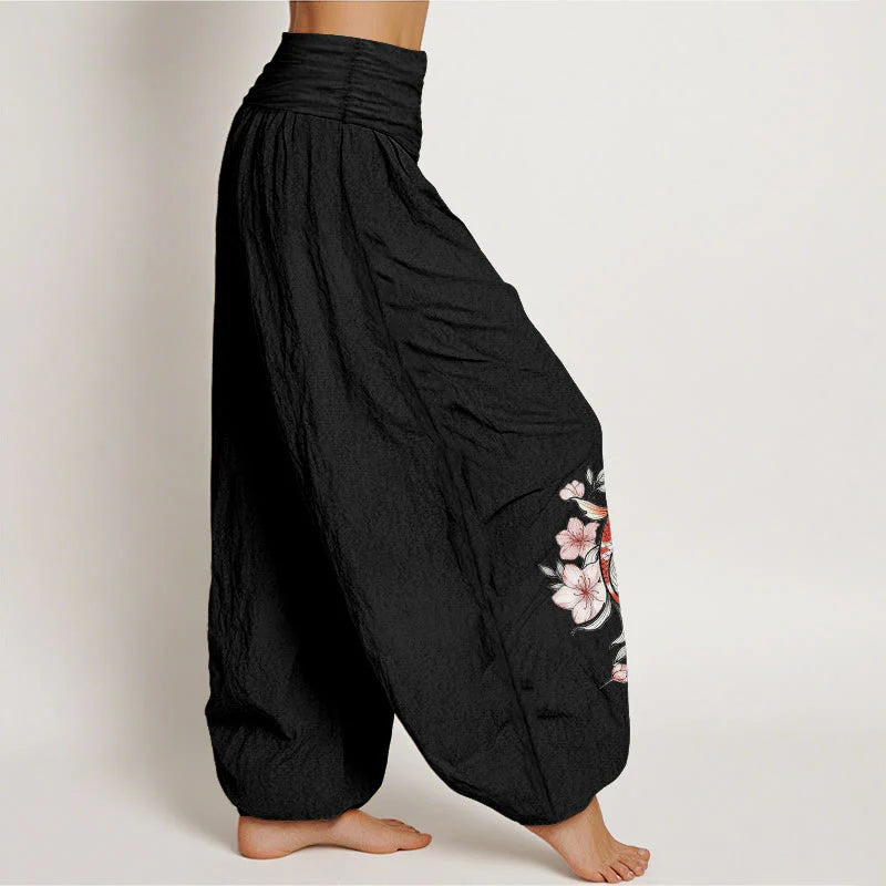 Buddha Stones Cotton Koi Fish Pink Peach Blossoms Pattern Women's Elastic Waist Harem Pants