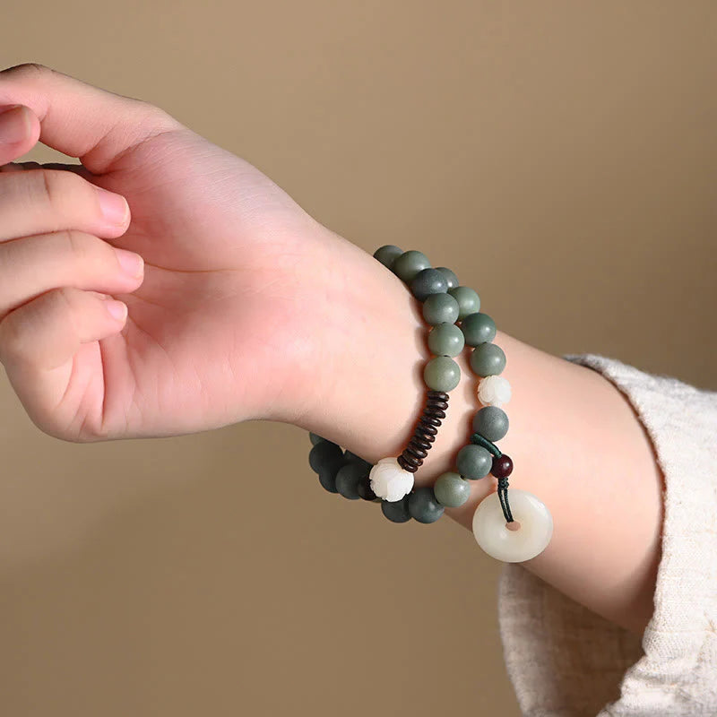 Buddha Stones Cyan Bodhi Seed Lotus Jade Peace Buckle Wisdom Double Wrap Bracelet