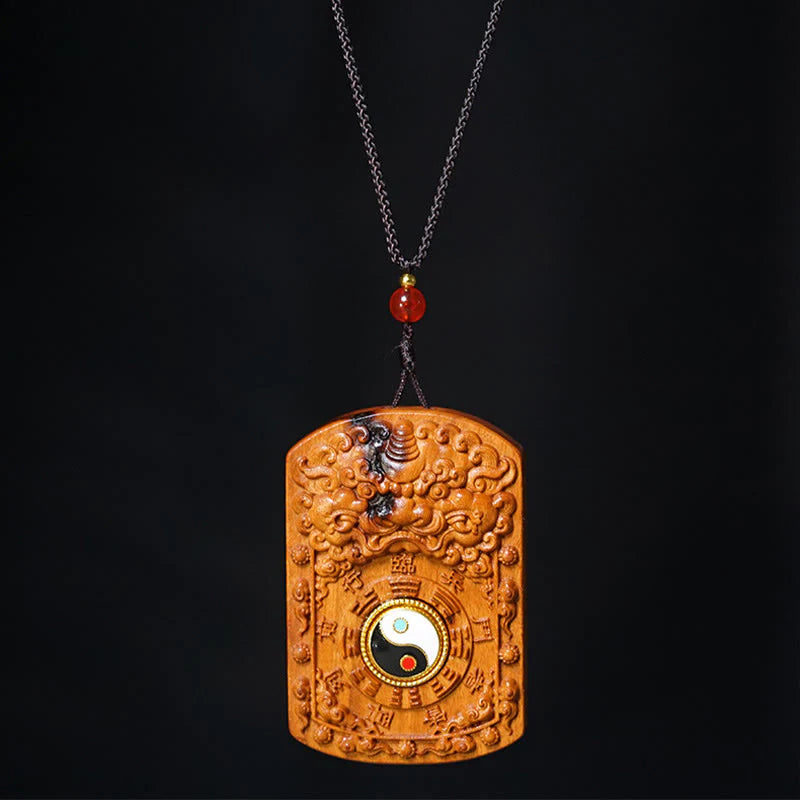 Buddha Stones Lightning Struck Jujube Wood Dragon Yin Yang Bagua Protection Necklace Pendant