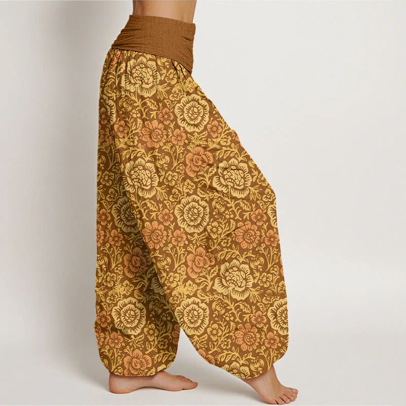 Buddha Stones Pure Cotton Vintage Pastoral Floral Pattern Women's Elastic Waist Harem Pants