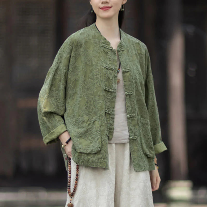 Buddha Stones Fall Jacquard Women's Frog-Button Long Sleeve Shirt Pants Cotton Linen Clothing