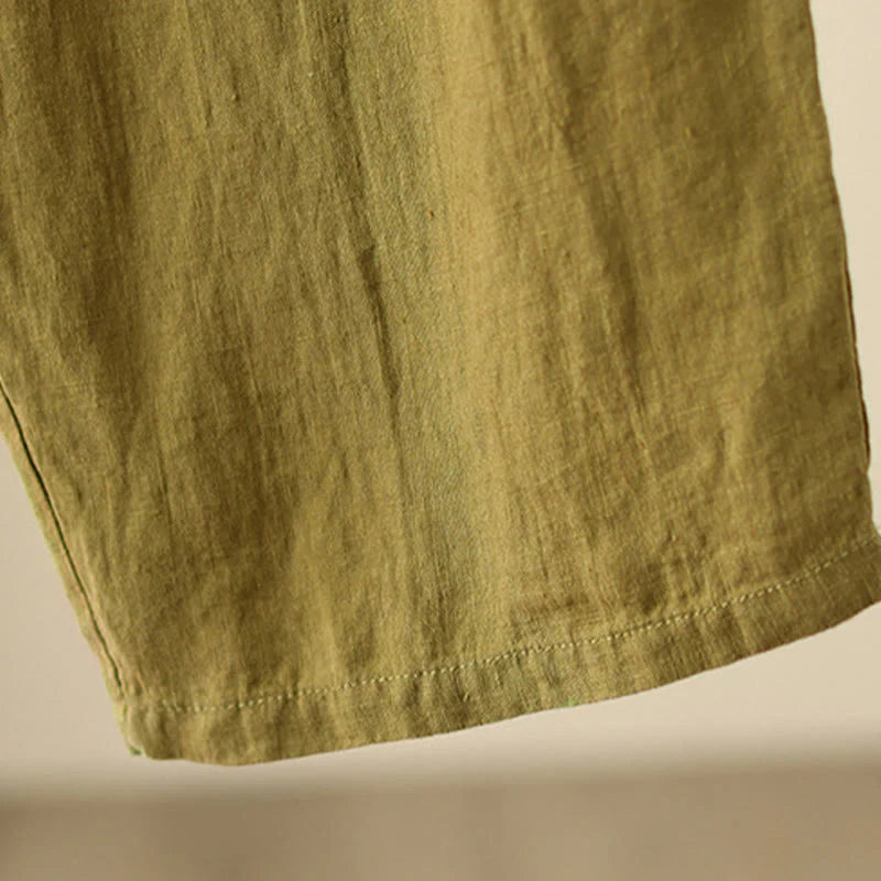 Buddha Stones Casual Plain Wrinkles Design Drawstring 9 Length Cotton Linen Women's Wide Leg Pants With Pockets