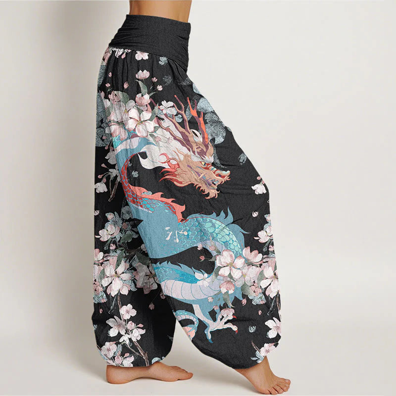 Buddha Stones Cotton Casual Dragon Cherry Blossoms Women's Elastic Waist Harem Pants
