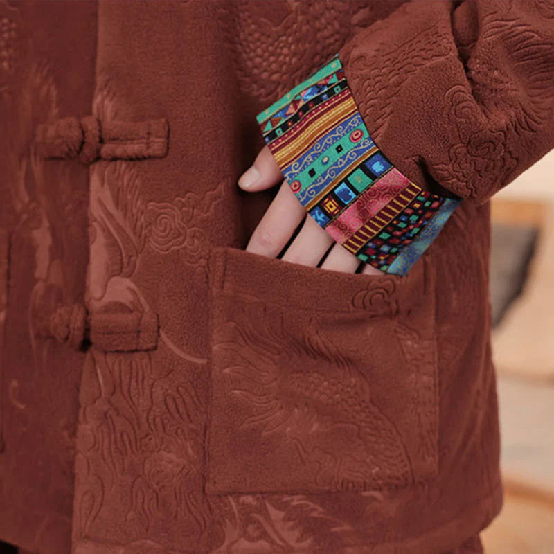Buddha Stones 2Pcs Fall Winter Men's Tang Suit Dragon Frog-Button Cotton Long Sleeve Jacket Pants Set