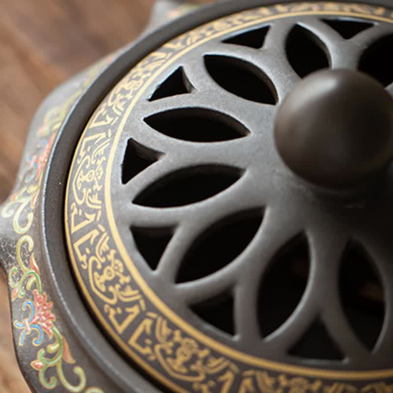 Buddha Stones Tibetan Floral Pattern Ceramic Blessing Incense Burner Decoration (Extra 35% Off | USE CODE: FS35)