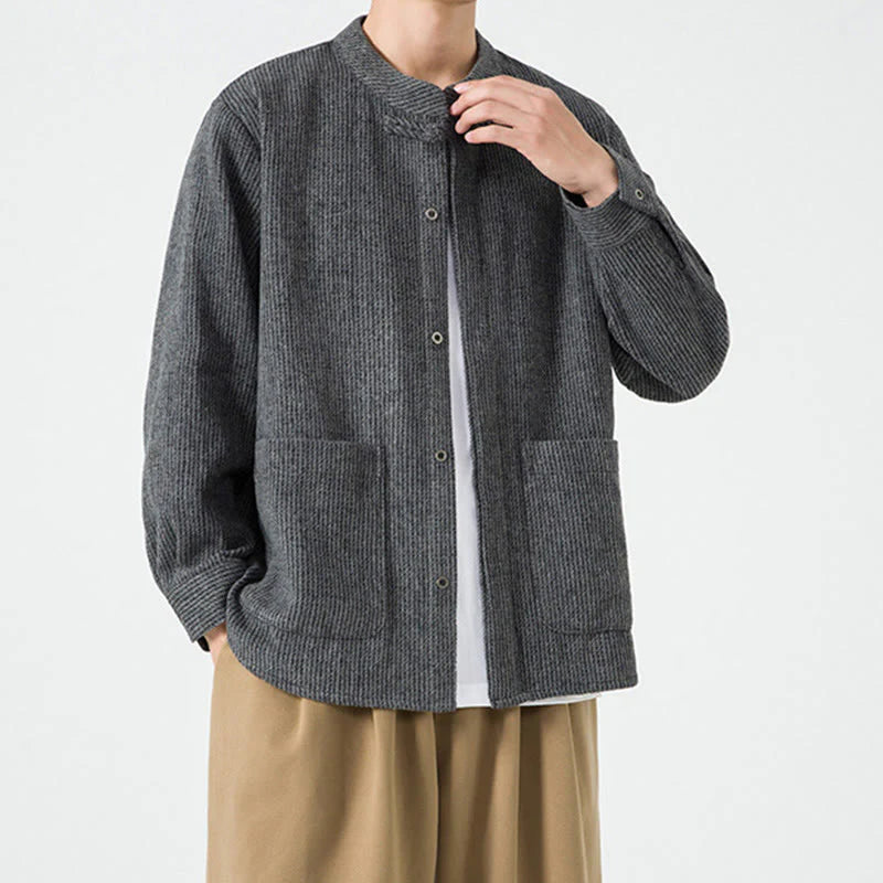 Buddha Stones Solid Color Frog-Button Long Sleeve Men's Cotton Corduroy Jacket With Pockets