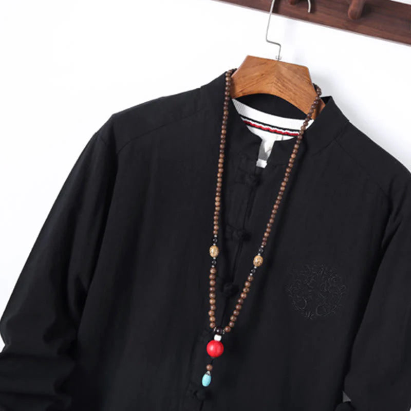 Buddha Stones 2Pcs Solid Color Men's Frog-Button Long Sleeve Cotton Shirt Pants Set With Pockets