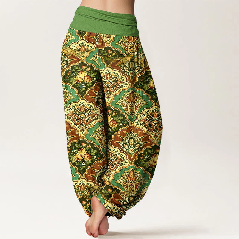 Buddha Stones Cotton Repetitive Fan Shape Flowers Leaves Pattern Women's Elastic Waist Harem Pants