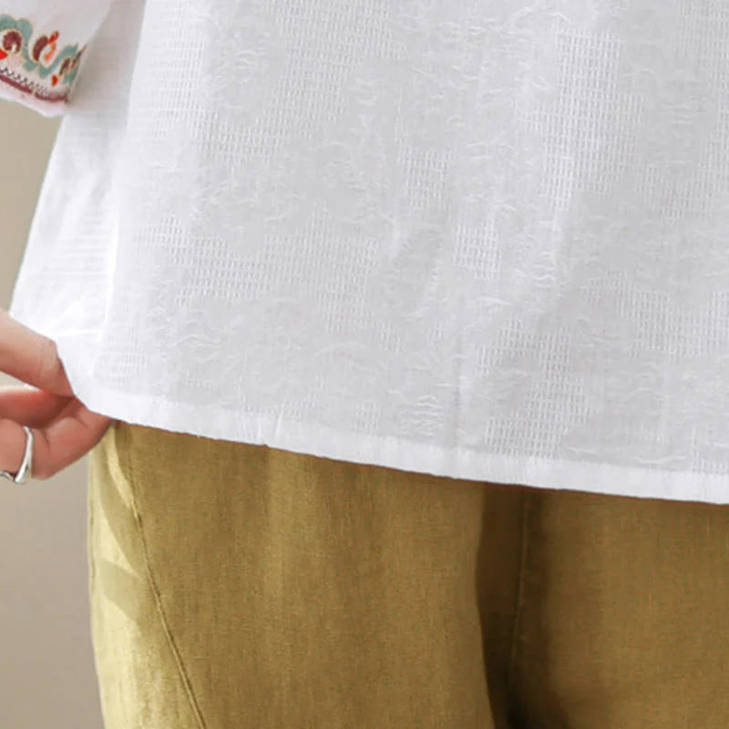 Buddha Stones Jacquard Frog-button Stand Collar Embroidered Three Quarter Sleeve Design Women's Cotton Shirt