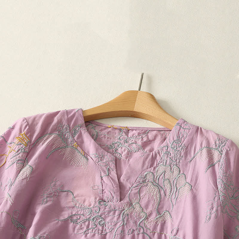 Buddha Stones Summer V-Neck Floral Design Short Sleeve Cotton Midi Dress With Pockets