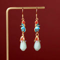 Buddha Stones Magnolia Flower Jade Pattern Luck Prosperity Drop Dangle Earrings