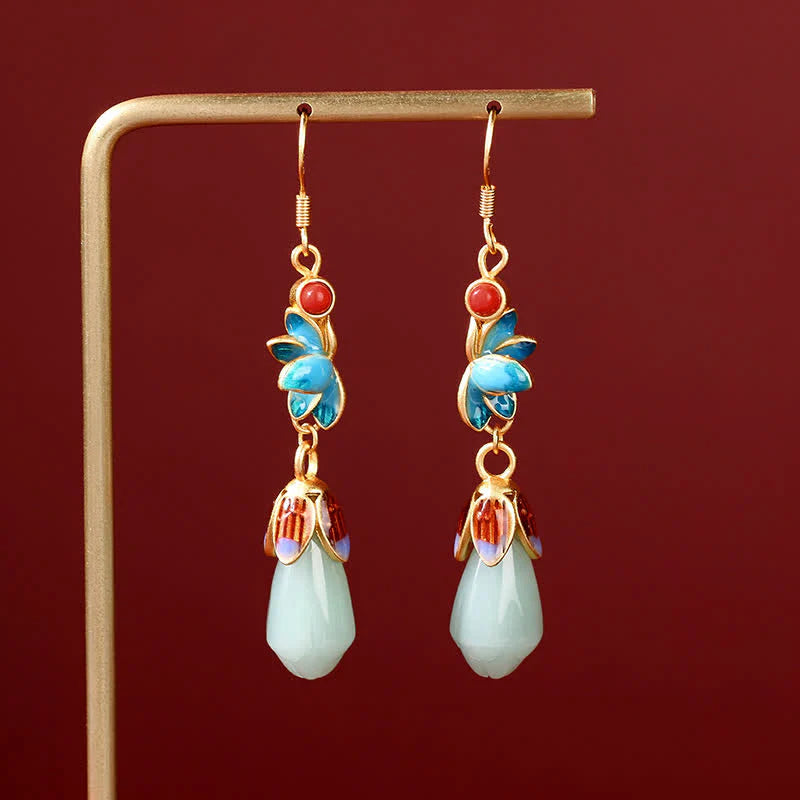 Buddha Stones Magnolia Flower Jade Pattern Luck Prosperity Drop Dangle Earrings