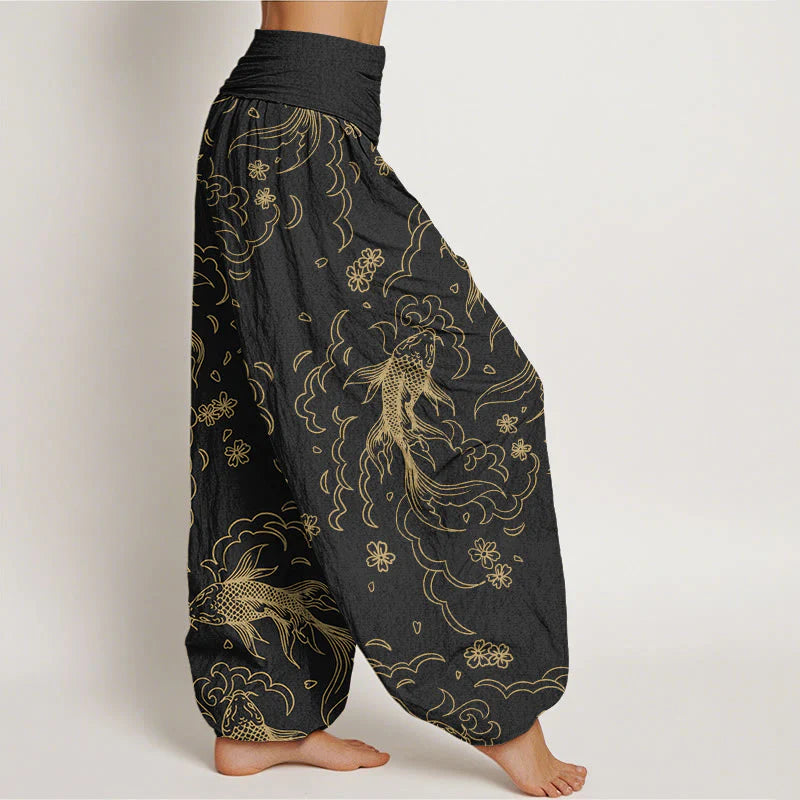Buddha Stones Cotton Casual Koi Fish Waves And Petal Line Pattern Women's Elastic Waist Harem Pants