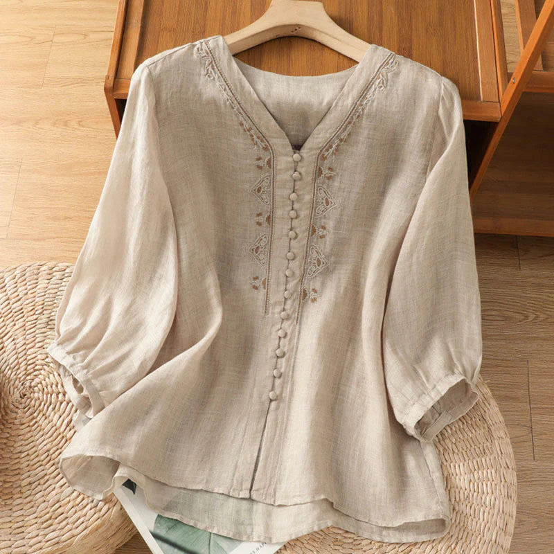 Buddha Stones Casual Embroidery Single Breasted Button Polyester Half Sleeve Women's V-neck Shirt