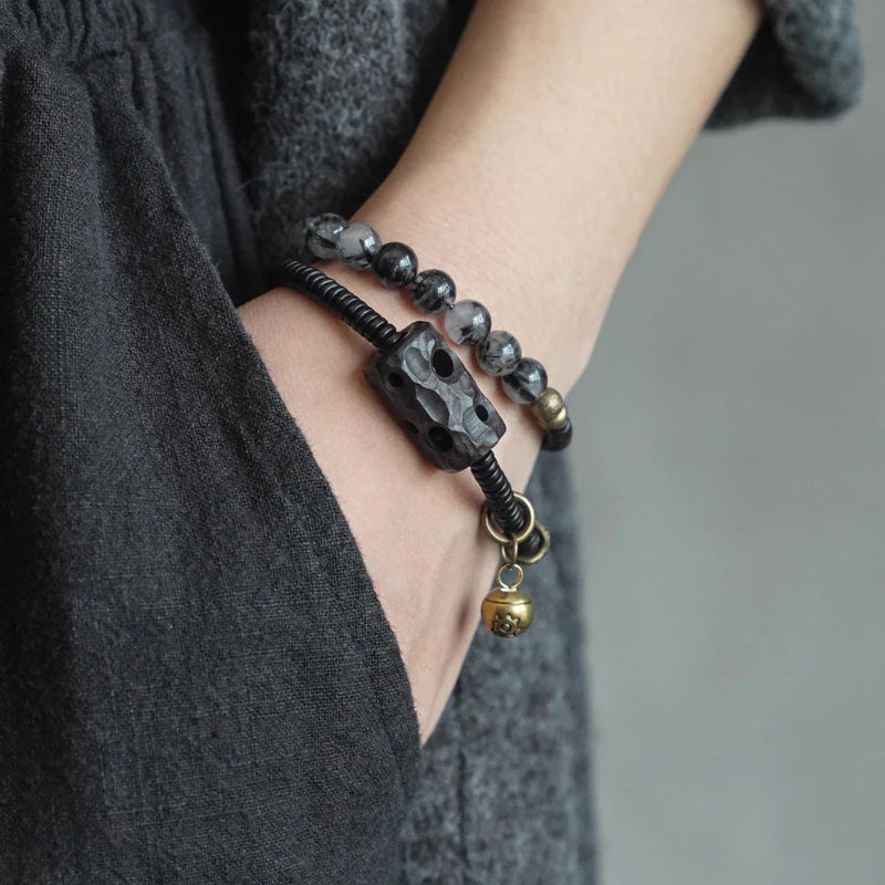 Buddha Stones Black Rutilated Quartz Ebony Wood Copper Wisdom Couple Bracelet