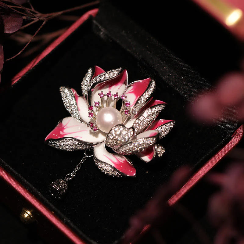 Buddha Stones Lotus Flower Pearl New Beginning Copper Brooch