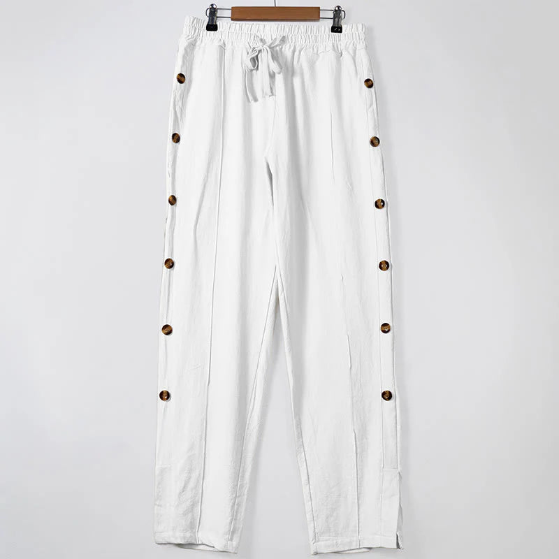 Buddha Stones Solid Color Side Buttons Men's Cotton Pants With Pockets