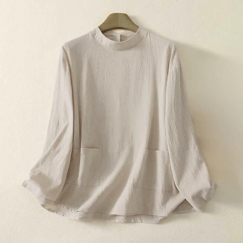 Buddha Stones Fall Plain Crew Neck Back Three Buttons Design Women's Cotton Long Sleeve Shirt