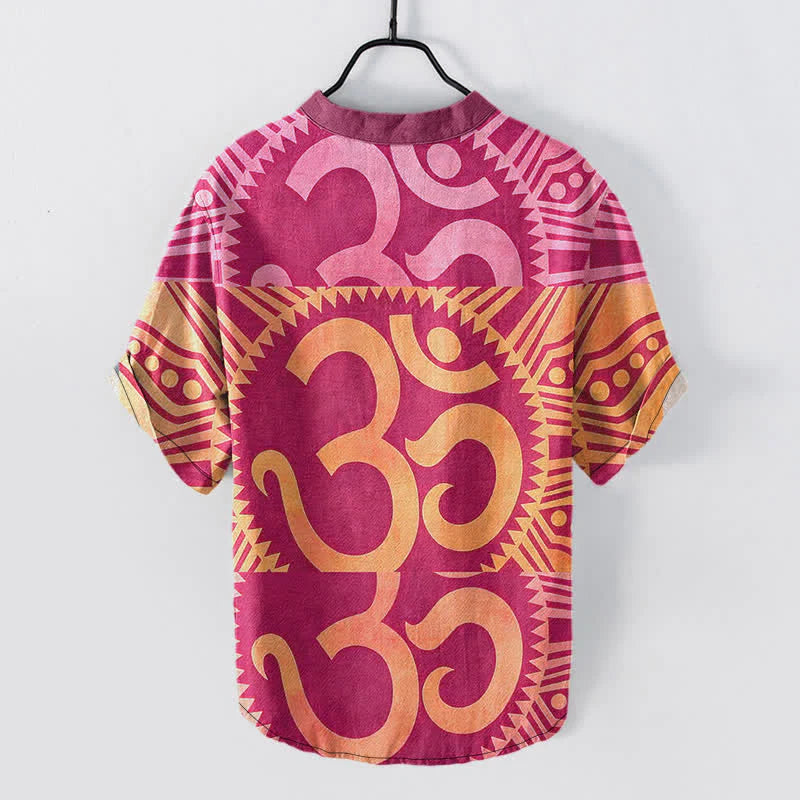 Buddha Stones Cotton Om Emblem Men's Short Sleeve Half Button Shirt