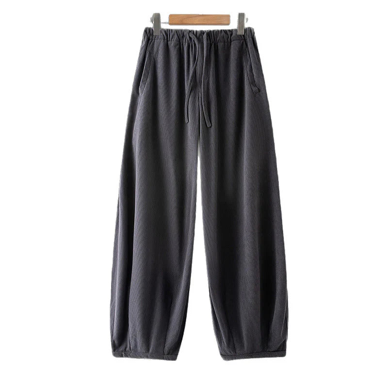 Buddha Stones Winter Men's Drawstring Plain Elastic Waistband Design Corduroy Pants With Pockets