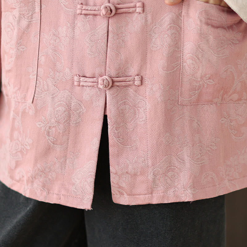 Buddha Stones Fall Floral Print Frog-Button Stand Collar Long Sleeve Women's Cotton Shirt