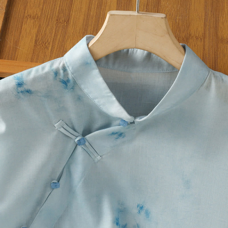 Buddha Stones Light Blue Frog-Button Sleeveless Women's Shirt