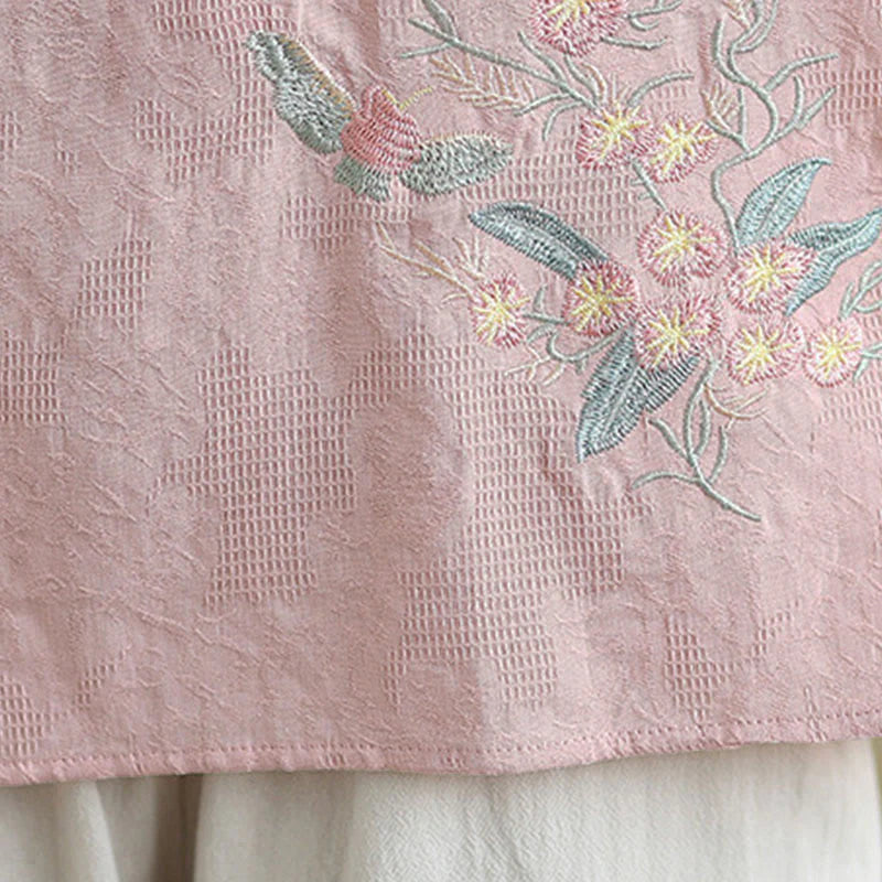 Buddha Stones Flower Embroidery Three Quarter Sleeve One Frog-Button Mandarin Collar Cotton Women's Shirt