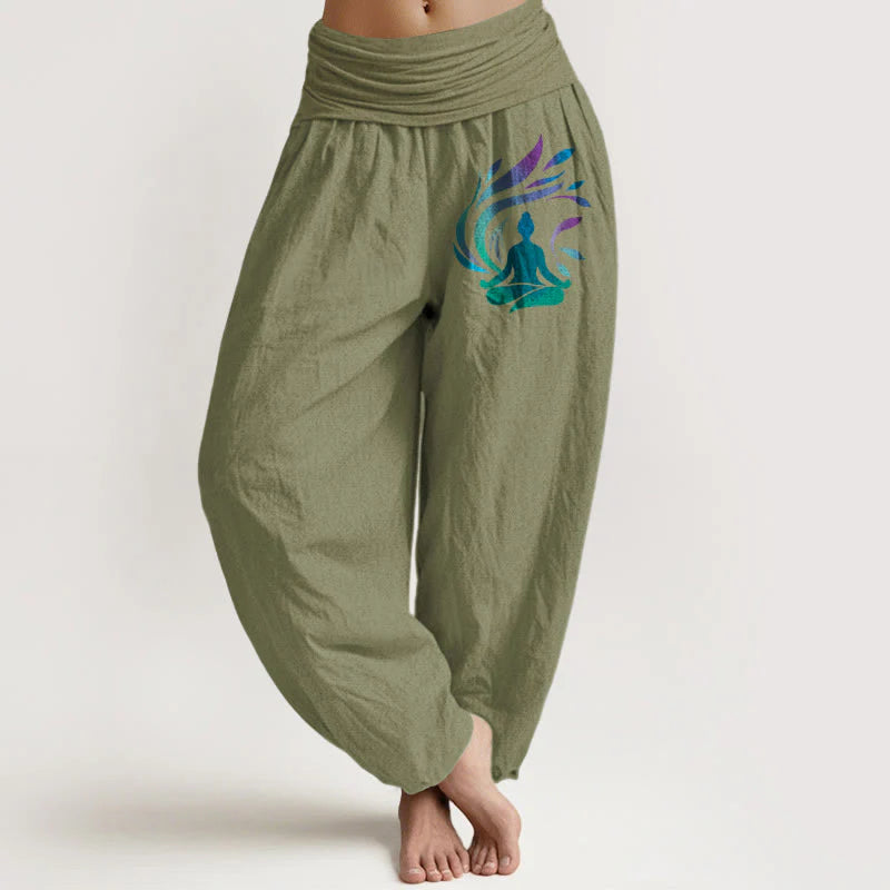 Buddha Stones Pure Cotton Simple Composition Human Figure Pattern Women's Elastic Waist Harem Pants