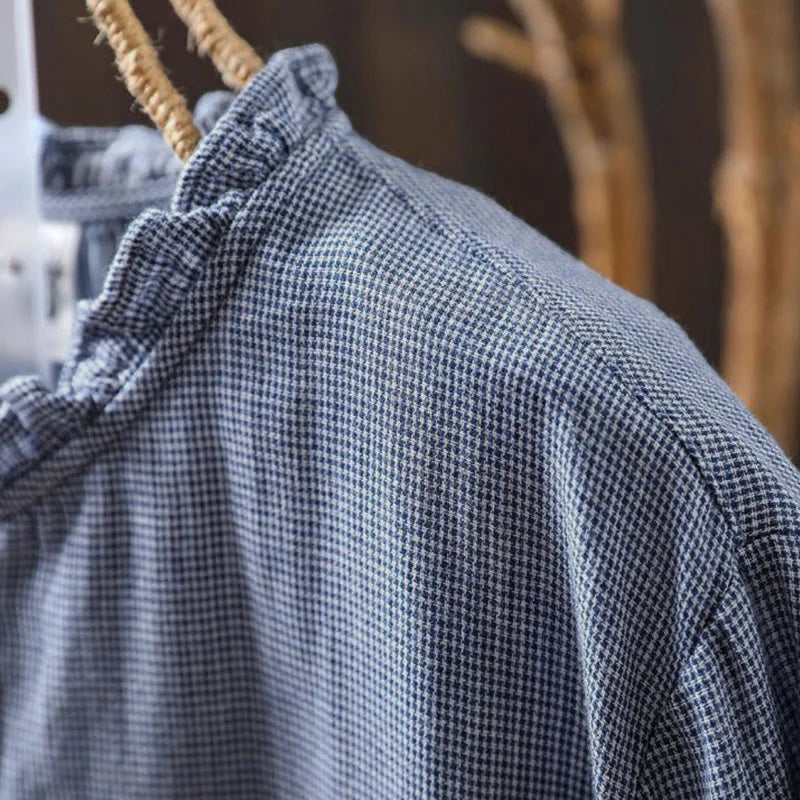 Buddha Stones Fall Small Plaid Button Down Ruffle Collar Long Sleeve Women's Cotton Shirt