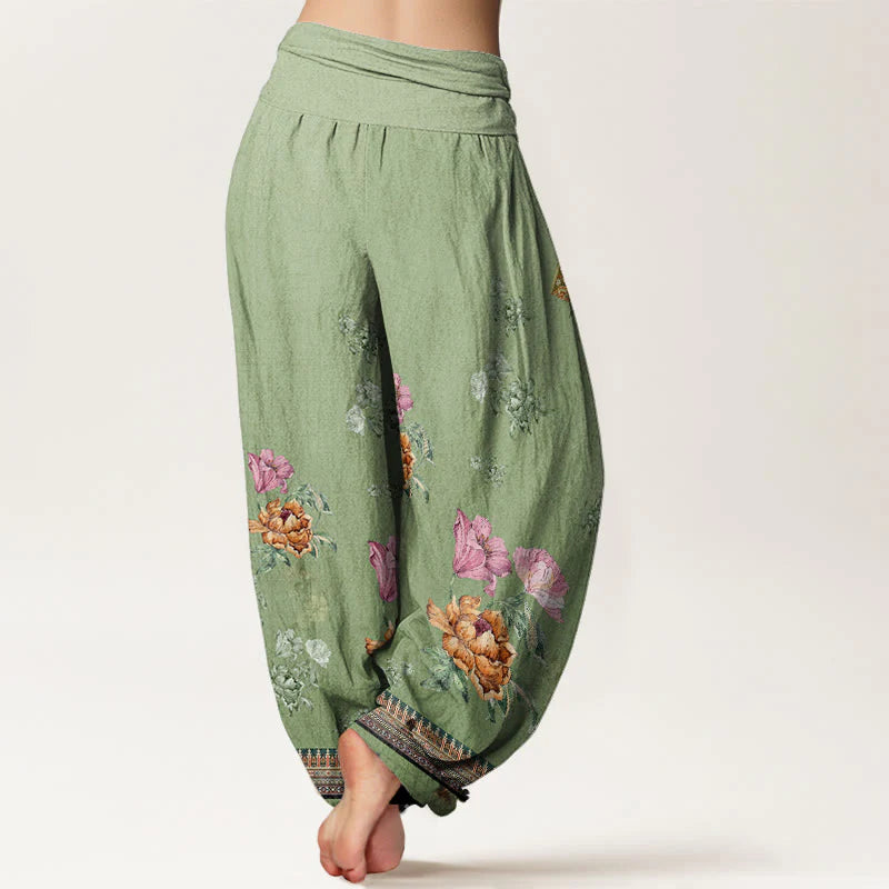Buddha Stones Cotton Casual Plant Peony Petals Pattern Women's Elastic Waist Harem Pants