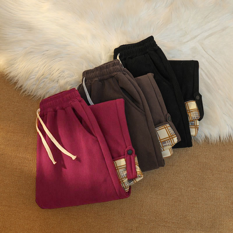 Buddha Stones Women's Patchwork Cotton Corduroy Fleece-Lined Wide Leg Pants With Pockets