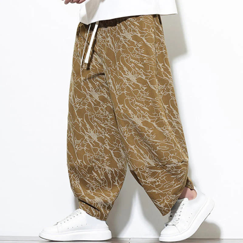 Buddha Stones Fall Textured Lines Print Cotton Elastic Waist Ankle-Length Men's Harem Pants With Pockets