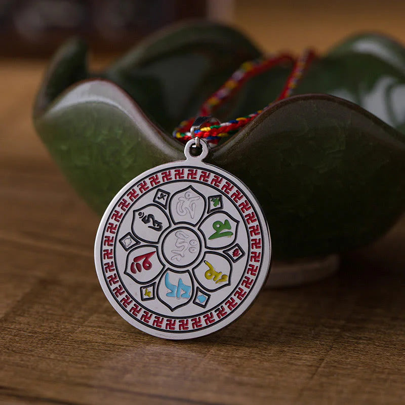 Buddha Stones Colorful Om Mani Padme Hum Titanium Steel Protection Rope Necklace Pendant
