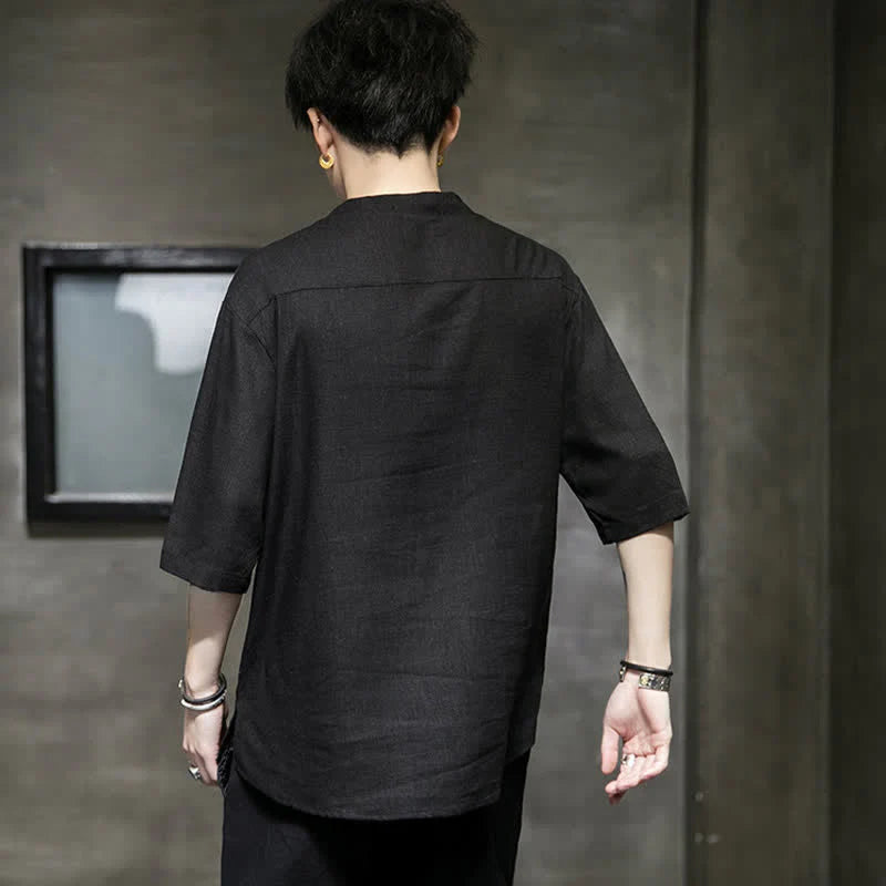 Buddha Stones Summer Embroidered Lotus Dragonfly Pattern Chinese Frog-Button Men's Short Sleeve T-shirt