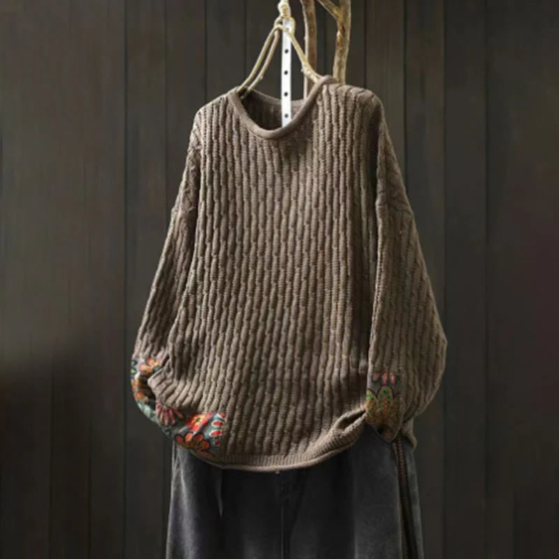 Buddha Stones Winter Patchwork Design Long Sleeve Crew Neck Women's Cotton Sweater