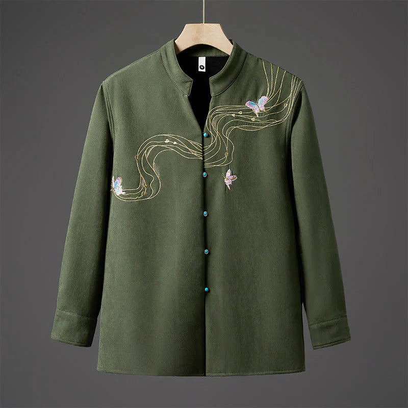 Buddha Stones Winter Embroidered Butterfly Ribbon Fleece-Lined Men's Cotton Long Sleeve Jacket