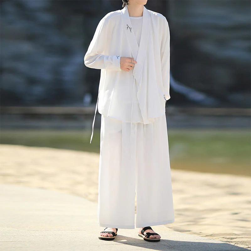 Buddha Stones 2Pcs Fall Lace-up Bamboo Embroidery Cotton Kimono Ankle-Length Pants With Pockets Men's Meditation Cloth Set