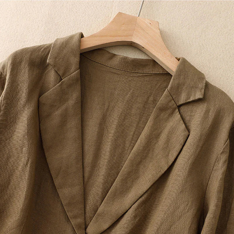 Buddha Stones Commute Retro Pure Color Lapel Cotton Linen Women's Jacket With Pockets