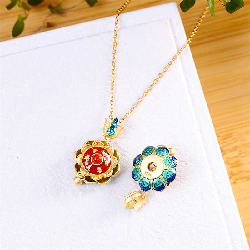 Buddha Stones 925 Sterling Silver Tibet Lotus Prayer Wheel Red Agate Enlightenment Necklace Pendant