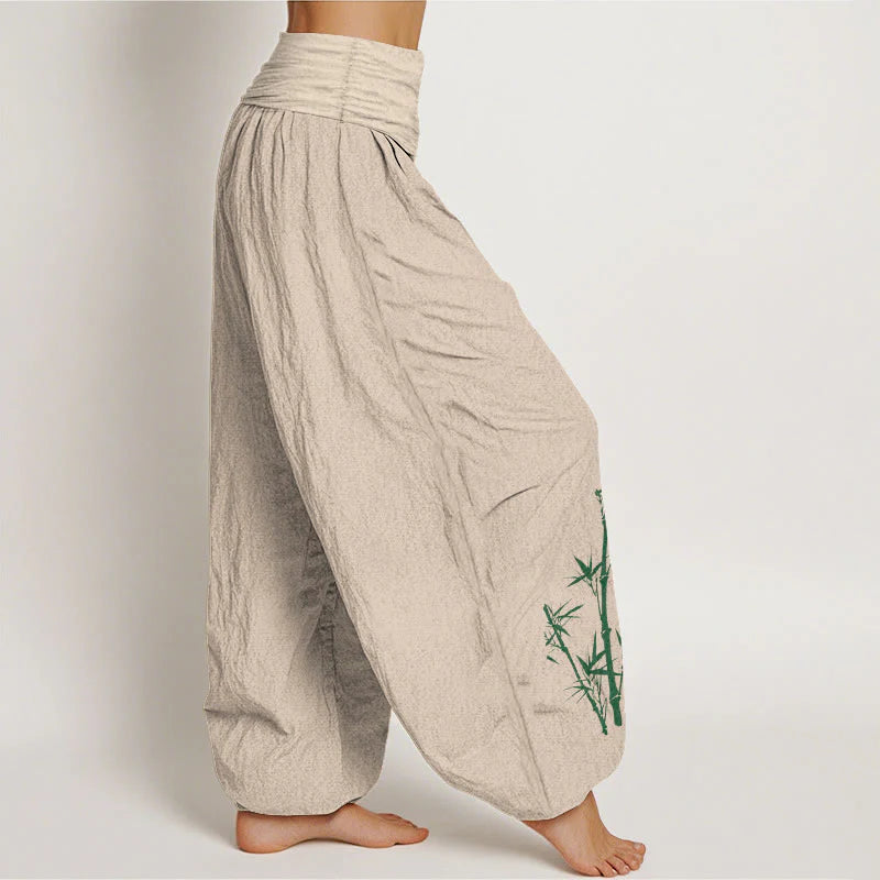 Buddha Stones Pure Cotton Elegant Sun Crane Bamboo Pattern Women's Elastic Waist Harem Pants